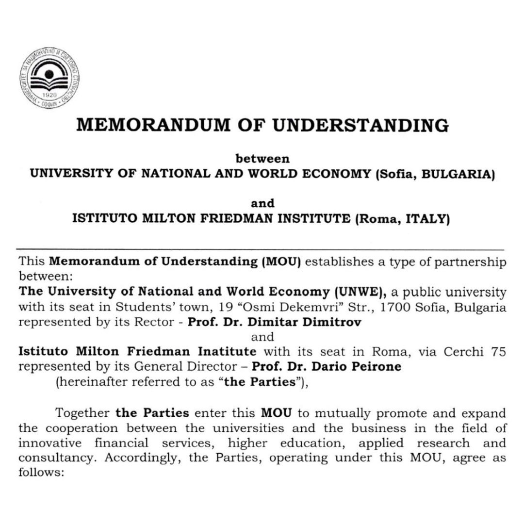 Memorandum of understanding tra l’Istituto Friedman e l’University of national and world economy di Sofia